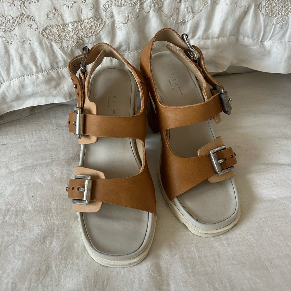 Rag & Bone Tan Leather Sandals with Silver Buckles